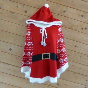 Major Major Santa Hooded Poncho Gawn Pon Pon Knit Sweater Red Snowflake